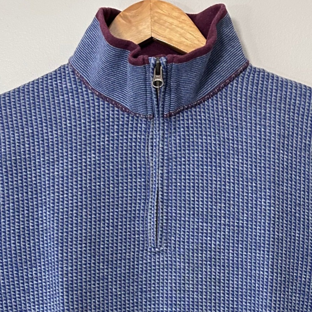 Robert Graham Sweater Mens L Blue Waffle Knit 1/4 Zip Mock Neck Cotton Pullover